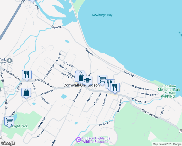 map of restaurants, bars, coffee shops, grocery stores, and more near 3 Riverbank Lane in Cornwall-on-Hudson