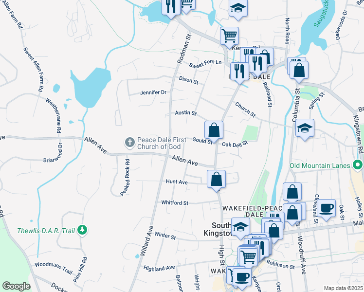 map of restaurants, bars, coffee shops, grocery stores, and more near 30 Pike Street in South Kingstown