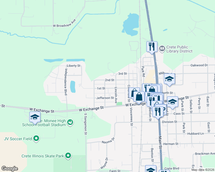 map of restaurants, bars, coffee shops, grocery stores, and more near 661 1st Street in Crete