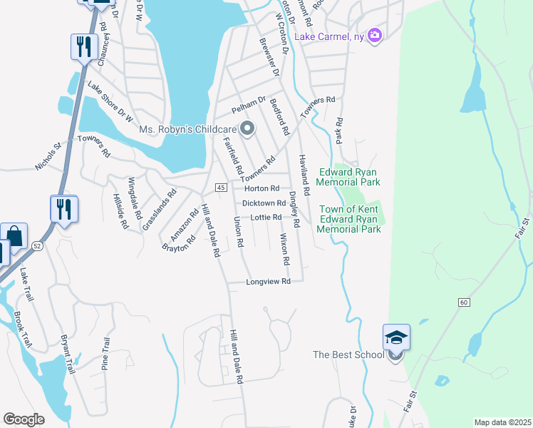map of restaurants, bars, coffee shops, grocery stores, and more near 19 Lottie Road in Carmel Hamlet
