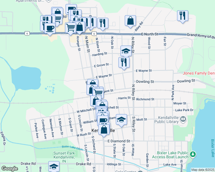 map of restaurants, bars, coffee shops, grocery stores, and more near 316 North State Street in Kendallville