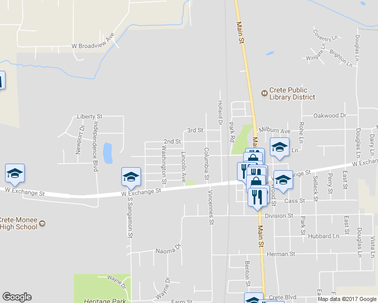 map of restaurants, bars, coffee shops, grocery stores, and more near 621 1st Street in Crete