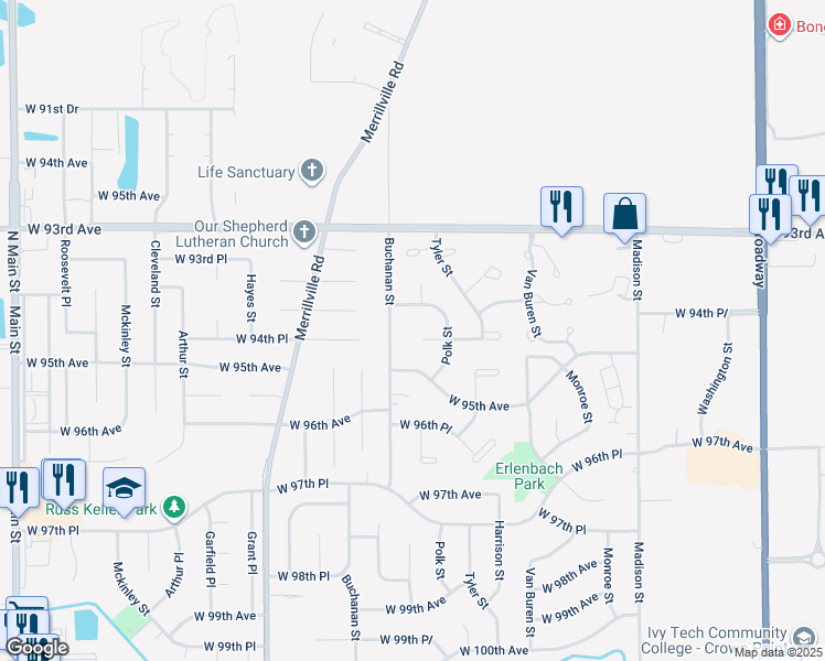 map of restaurants, bars, coffee shops, grocery stores, and more near 1538 West 95th Lane in Crown Point
