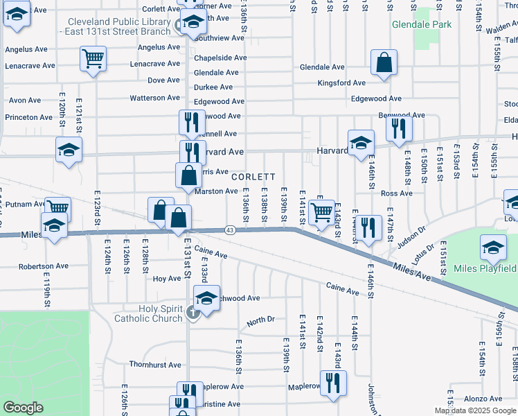 map of restaurants, bars, coffee shops, grocery stores, and more near 4142 E 138th St in Cleveland