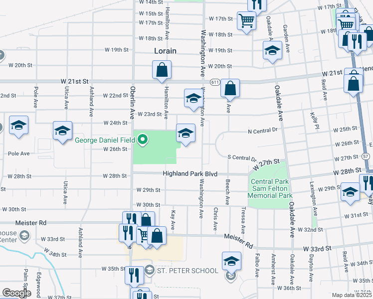 map of restaurants, bars, coffee shops, grocery stores, and more near 2700 Washington Avenue in Lorain