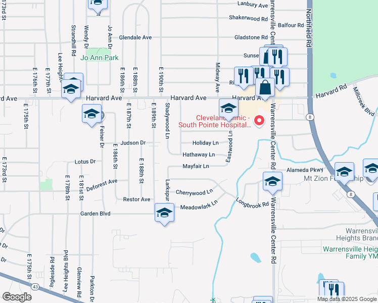 map of restaurants, bars, coffee shops, grocery stores, and more near 19311 Hathaway Lane in Warrensville Heights