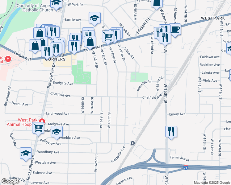 map of restaurants, bars, coffee shops, grocery stores, and more near 3978 West 158th Street in Cleveland
