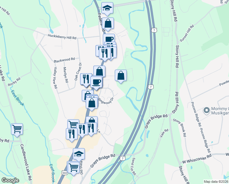 map of restaurants, bars, coffee shops, grocery stores, and more near 1 Cheshire Court in Brookfield