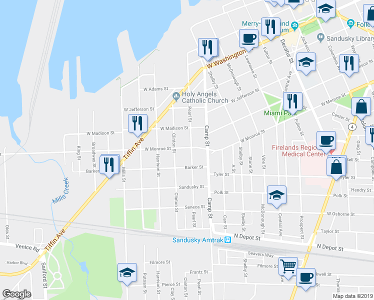 map of restaurants, bars, coffee shops, grocery stores, and more near 1001 Pearl St in Sandusky