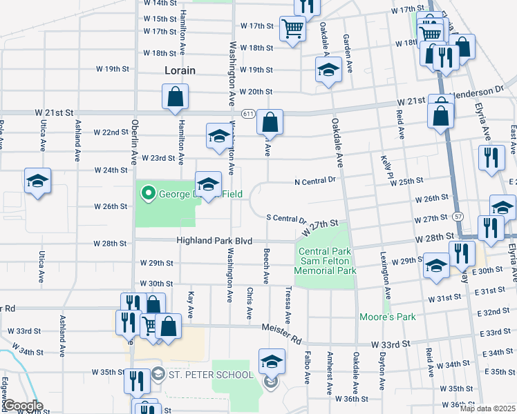 map of restaurants, bars, coffee shops, grocery stores, and more near 936 South Central Drive in Lorain