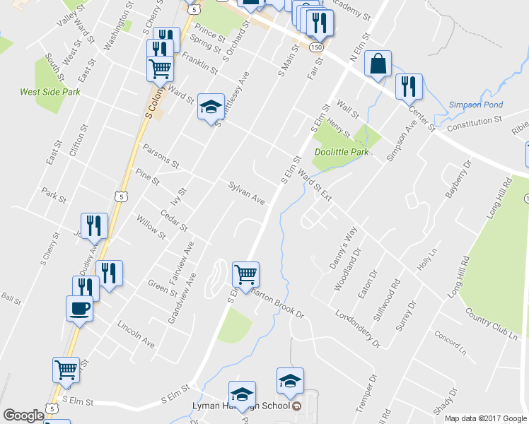 map of restaurants, bars, coffee shops, grocery stores, and more near 225 South Elm Street in Wallingford