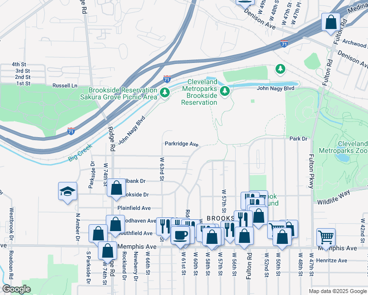 map of restaurants, bars, coffee shops, grocery stores, and more near 6015 Parkridge Avenue in Cleveland