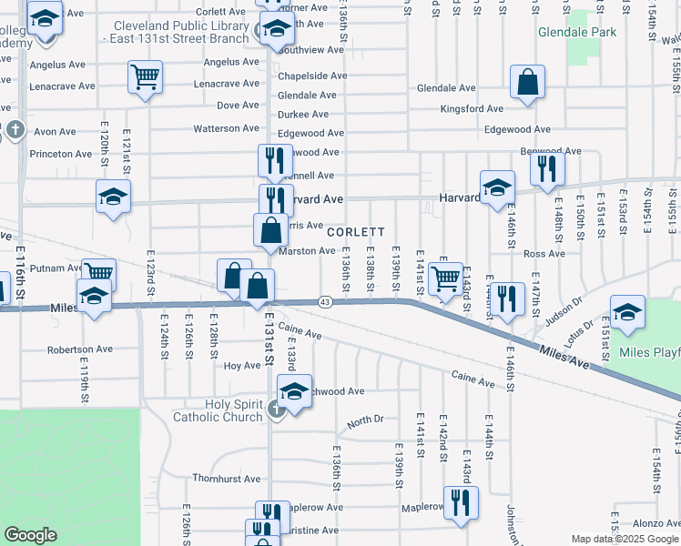 map of restaurants, bars, coffee shops, grocery stores, and more near 4142 East 136th Street in Cleveland