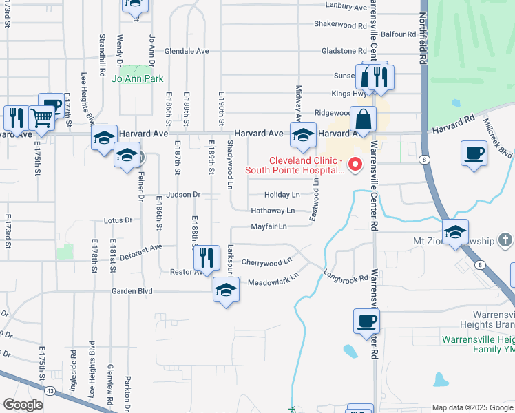 map of restaurants, bars, coffee shops, grocery stores, and more near 19311 Hathaway Lane in Warrensville Heights