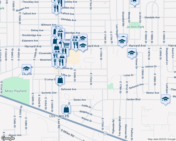 map of restaurants, bars, coffee shops, grocery stores, and more near 17206 Judson Drive in Cleveland