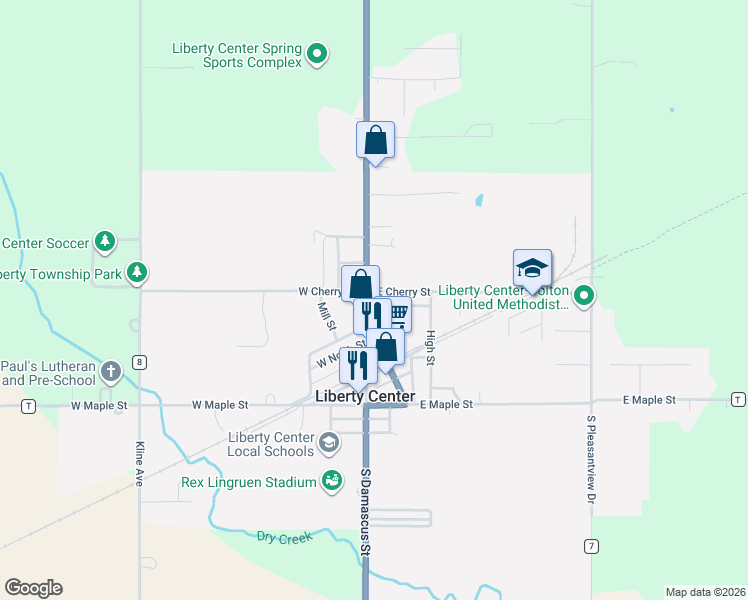 map of restaurants, bars, coffee shops, grocery stores, and more near 409 East Street in Liberty Center