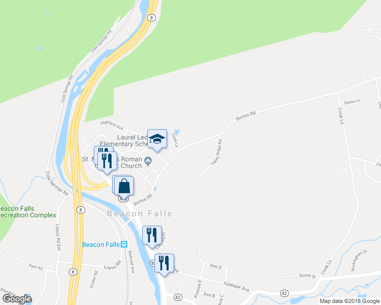 map of restaurants, bars, coffee shops, grocery stores, and more near 136 Burton Road in Beacon Falls