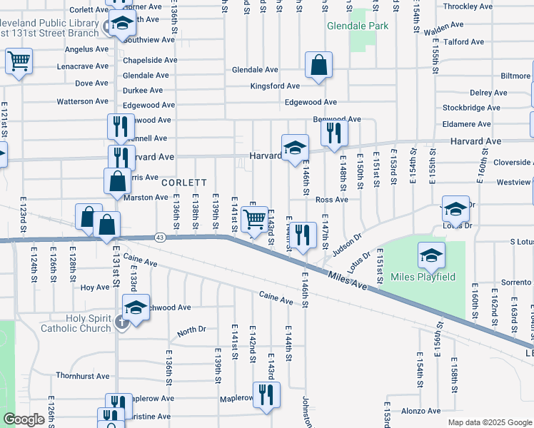 map of restaurants, bars, coffee shops, grocery stores, and more near 4142 East 143rd Street in Cleveland