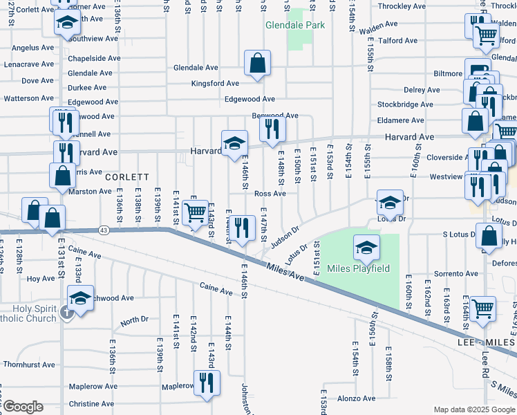 map of restaurants, bars, coffee shops, grocery stores, and more near 4152 East 147th Street in Cleveland