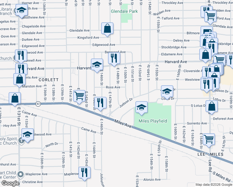 map of restaurants, bars, coffee shops, grocery stores, and more near 4160 East 148th Street in Cleveland