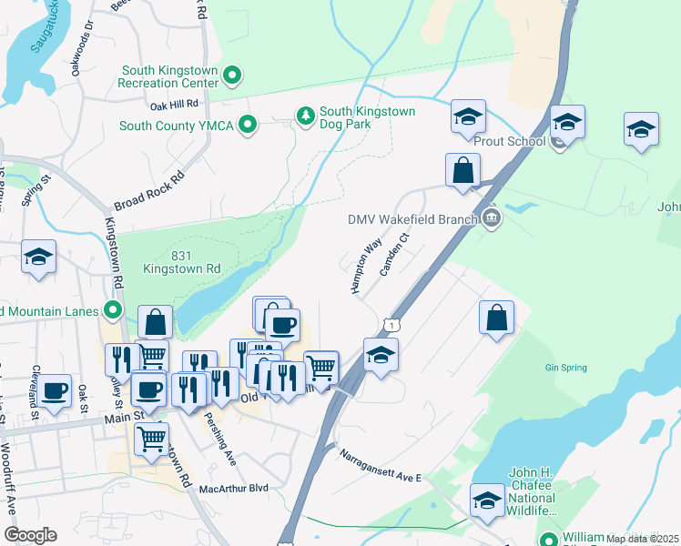 map of restaurants, bars, coffee shops, grocery stores, and more near 22 Mystic Drive in South Kingstown