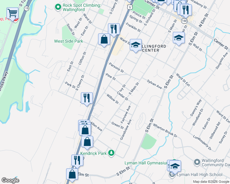 map of restaurants, bars, coffee shops, grocery stores, and more near 7 Cedar Street in Wallingford