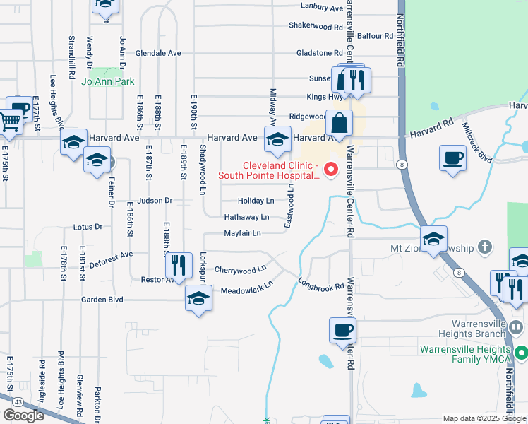 map of restaurants, bars, coffee shops, grocery stores, and more near 19603 Hathaway Lane in Warrensville Heights