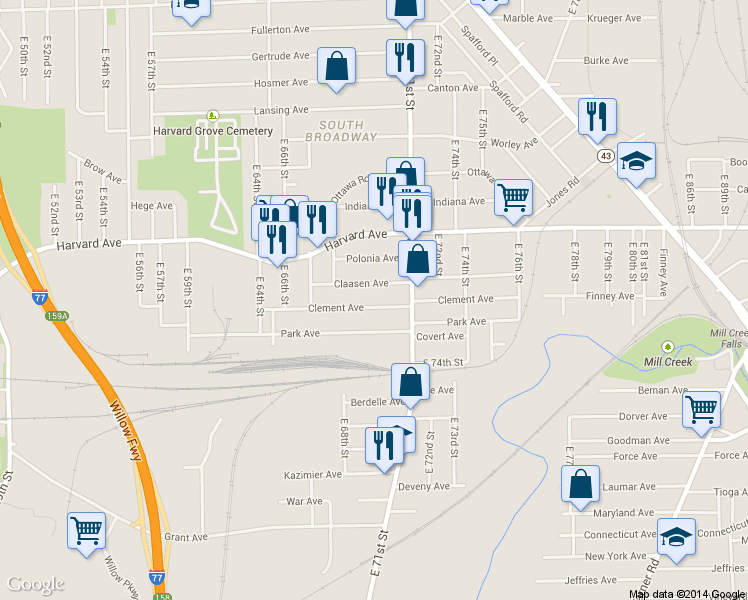 map of restaurants, bars, coffee shops, grocery stores, and more near 6917 Clement Ave in Cleveland