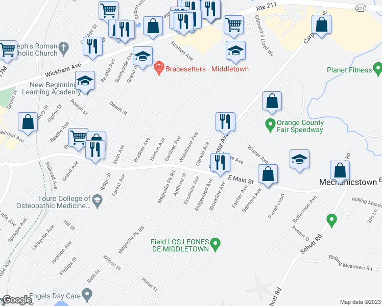 map of restaurants, bars, coffee shops, grocery stores, and more near 50 Woodlawn Avenue in Middletown