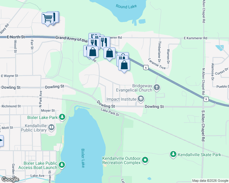 map of restaurants, bars, coffee shops, grocery stores, and more near 209 Valley Meadows Lane in Kendallville