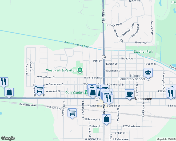 map of restaurants, bars, coffee shops, grocery stores, and more near 504 N Locke St in Nappanee