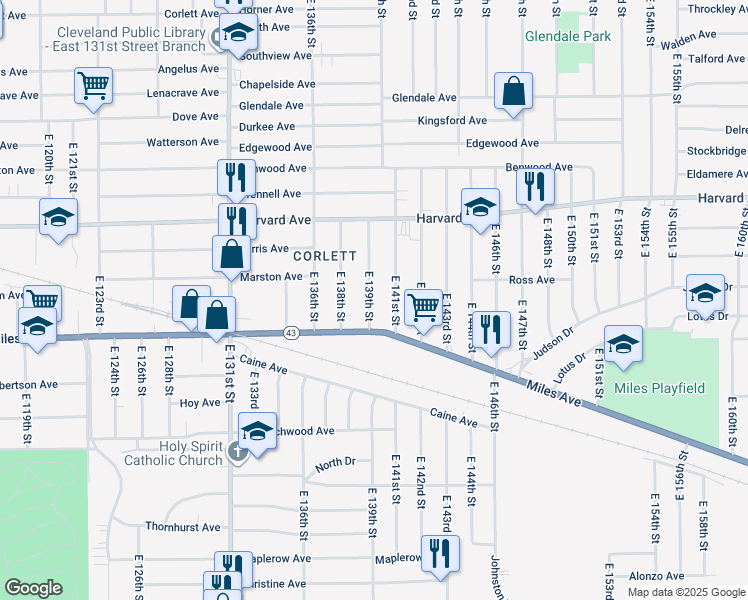 map of restaurants, bars, coffee shops, grocery stores, and more near 4141 East 139th Street in Cleveland