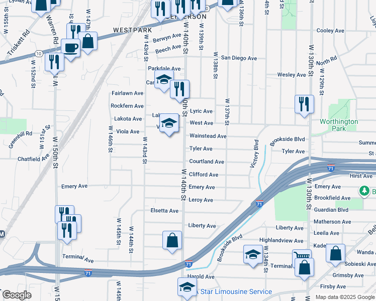 map of restaurants, bars, coffee shops, grocery stores, and more near 3965 West 140th Street in Cleveland