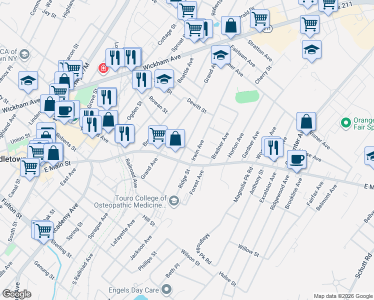 map of restaurants, bars, coffee shops, grocery stores, and more near 124 Prospect Avenue in Middletown