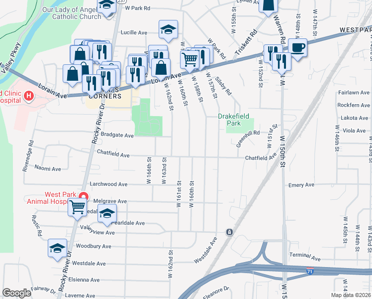 map of restaurants, bars, coffee shops, grocery stores, and more near 3976 West 160th Street in Cleveland