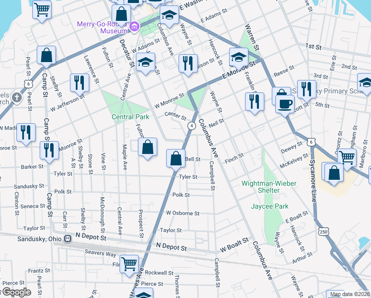 map of restaurants, bars, coffee shops, grocery stores, and more near 1030 Wright Brothers Memorial Highway in Sandusky