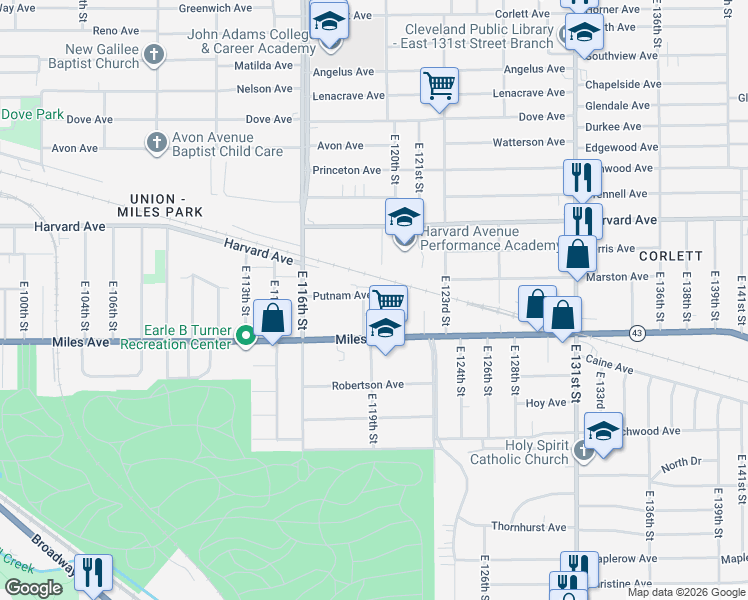 map of restaurants, bars, coffee shops, grocery stores, and more near 4135 East 119th Street in Cleveland