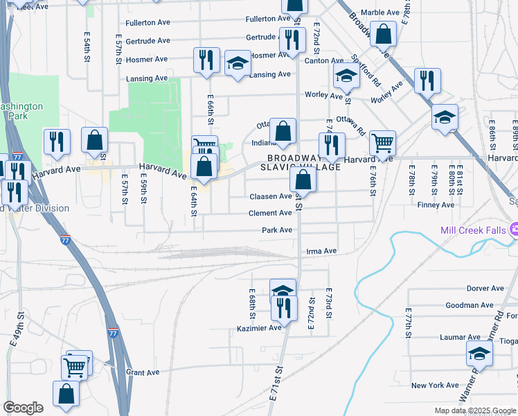 map of restaurants, bars, coffee shops, grocery stores, and more near 6801 Clement Avenue in Cleveland