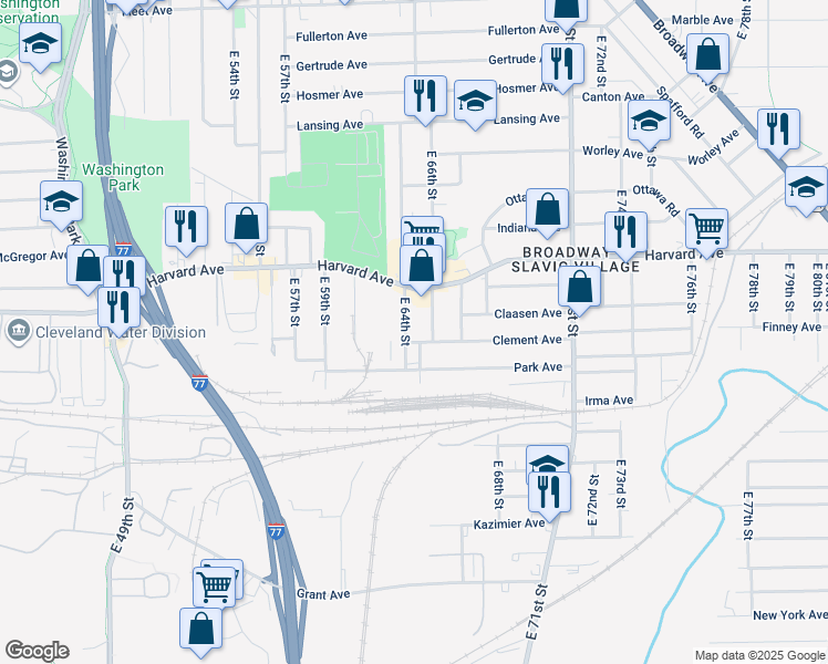 map of restaurants, bars, coffee shops, grocery stores, and more near 4097 East 64th Street in Cleveland