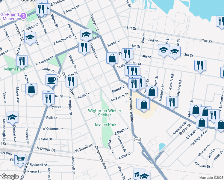 map of restaurants, bars, coffee shops, grocery stores, and more near 414 Dewey Street in Sandusky