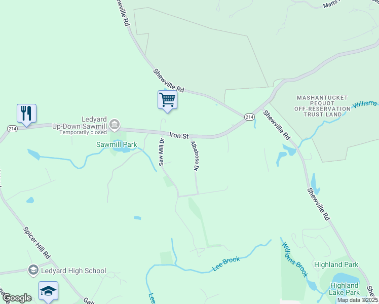 map of restaurants, bars, coffee shops, grocery stores, and more near 2 Albatross Drive in Ledyard