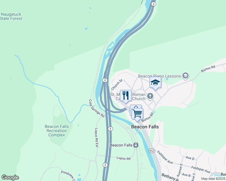 map of restaurants, bars, coffee shops, grocery stores, and more near 136 North Main Street in Beacon Falls