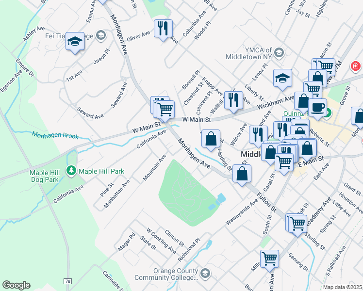 map of restaurants, bars, coffee shops, grocery stores, and more near 77 New York 17M in Middletown