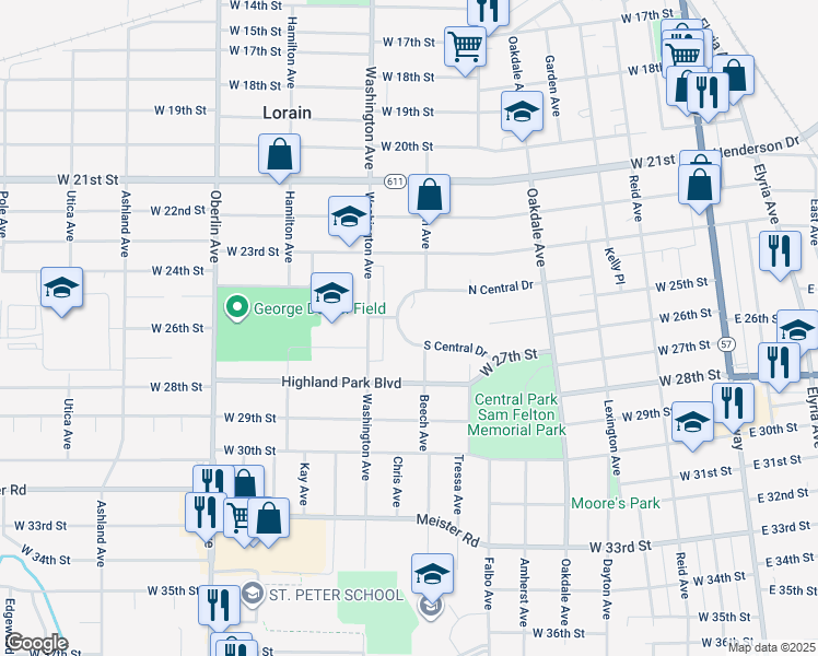 map of restaurants, bars, coffee shops, grocery stores, and more near 940 South Central Drive in Lorain