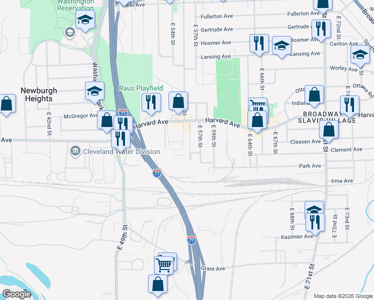 map of restaurants, bars, coffee shops, grocery stores, and more near 4114 E 56th St in Cleveland