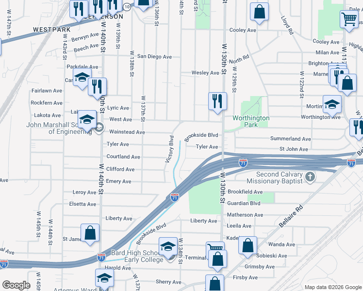 map of restaurants, bars, coffee shops, grocery stores, and more near 3934 Brookside Boulevard in Cleveland