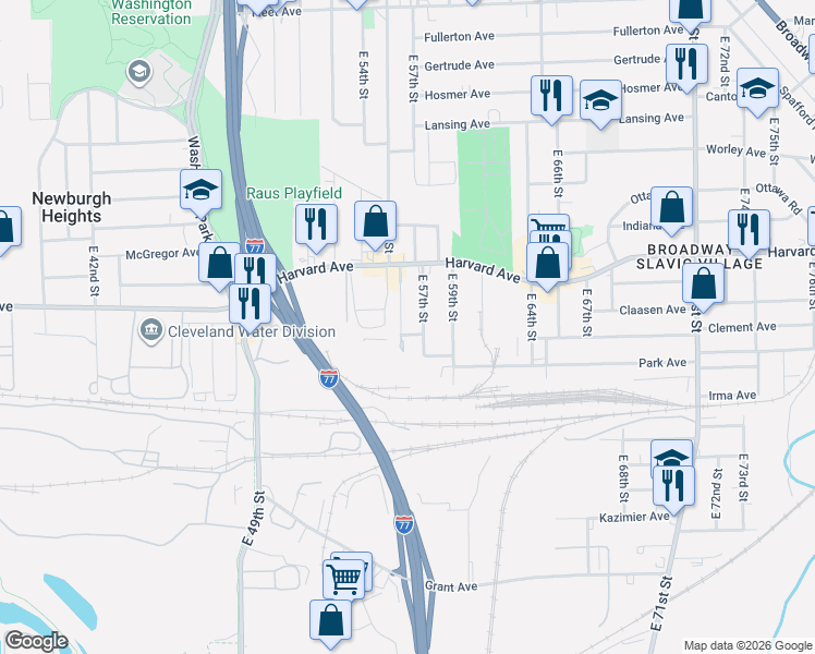 map of restaurants, bars, coffee shops, grocery stores, and more near 4115 East 57th Street in Cleveland