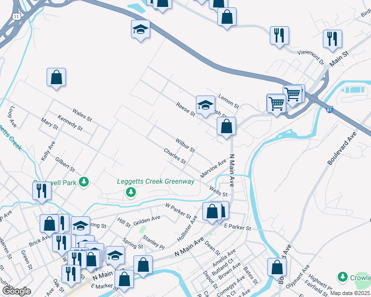 map of restaurants, bars, coffee shops, grocery stores, and more near 215 Wilbur Street in Scranton