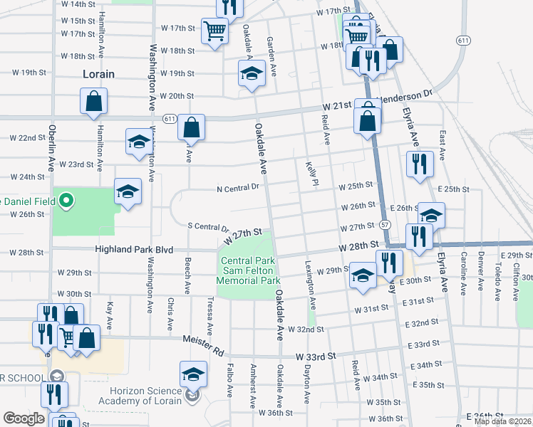 map of restaurants, bars, coffee shops, grocery stores, and more near 2518 Oakdale Avenue in Lorain