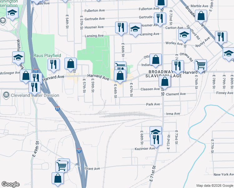 map of restaurants, bars, coffee shops, grocery stores, and more near 4097 East 64th Street in Cleveland